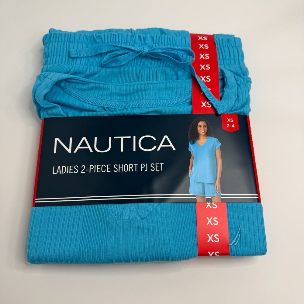 XS Nautica 2-Piece Short Pajama Set Very Soft V-Neck Ribbed Shorts Blue NWT
